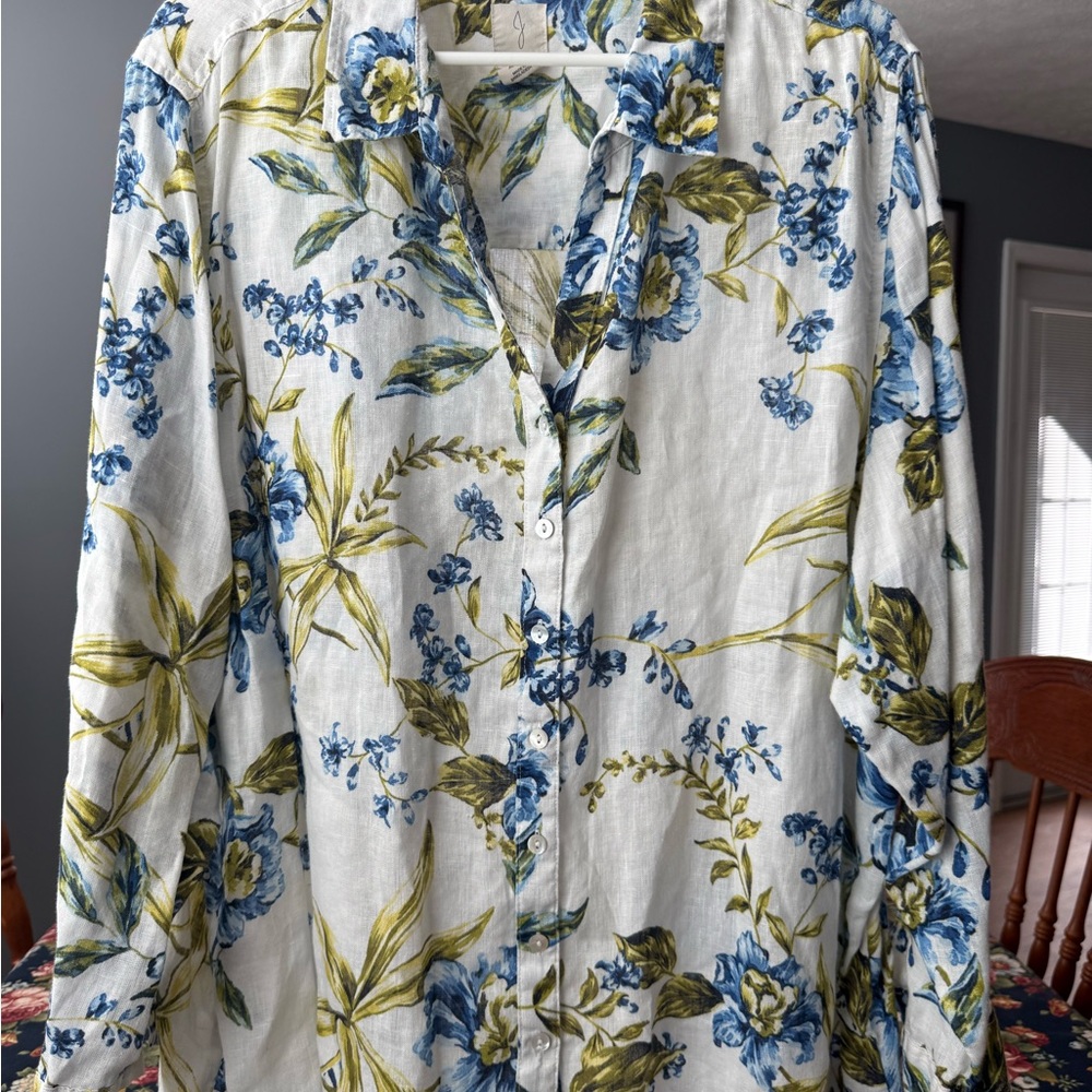 J Joie 100% Linen Floral Button-Up Shirt with Blue and Green Patterns